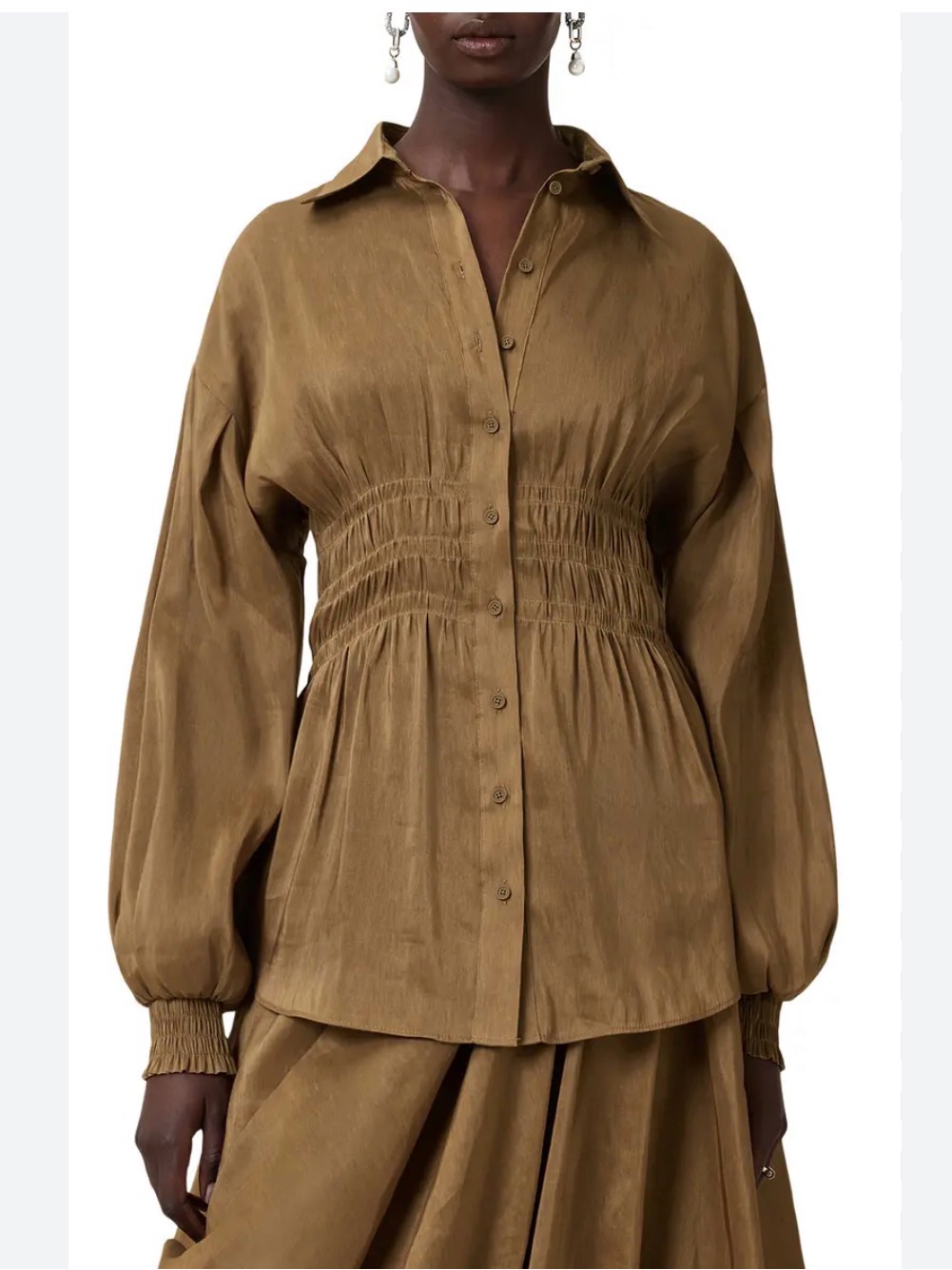 Allsaints Women’s 2 Staci Smock Waist Linen Silk Button Up Shirt Polished